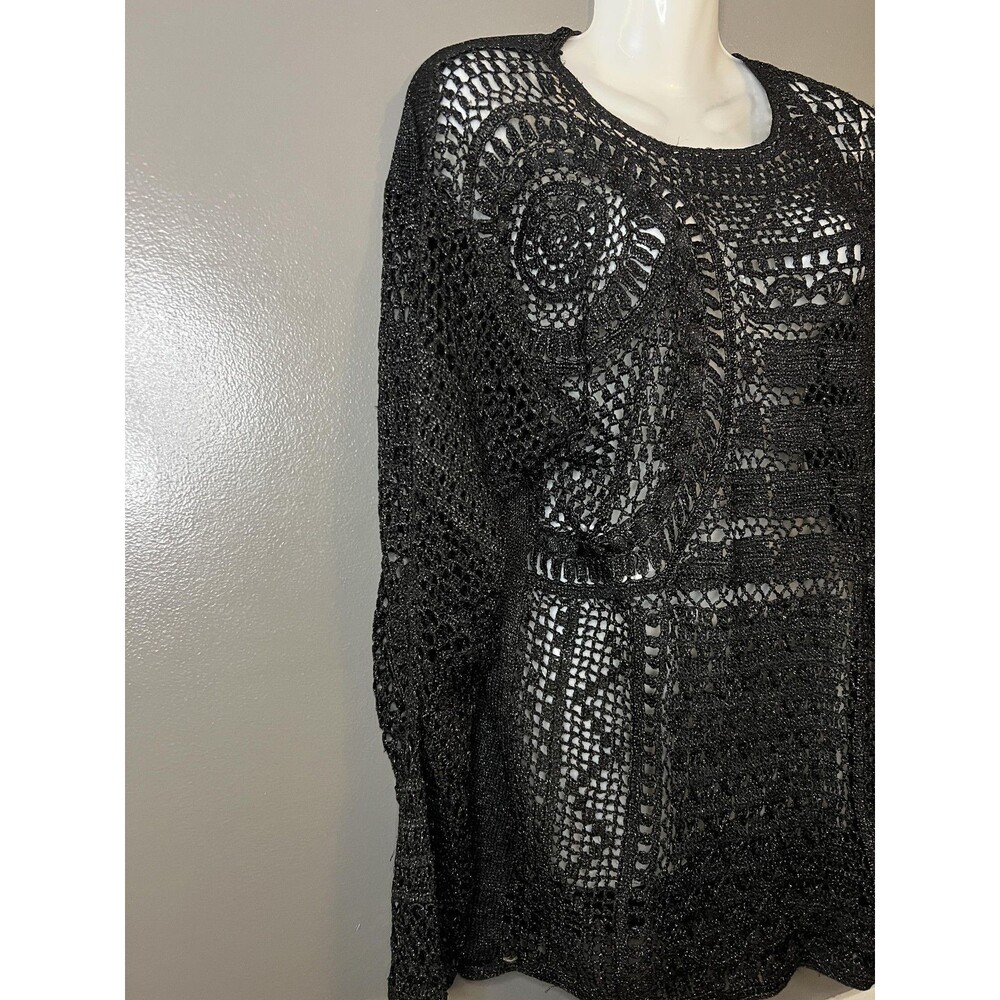Arlene Sweater Womens Medium Large Black Crochet Knit Sheer Metallic Boho - Picture 2 of 7